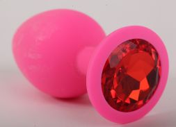 Анальная пробка Silicone Pink Large с алым кристаллом