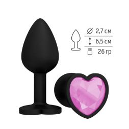 Анальная втулка Silicone Black Heart с розовым кристаллом