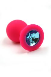 Розовая анальная пробка Silicone Medium с голубым кристаллом